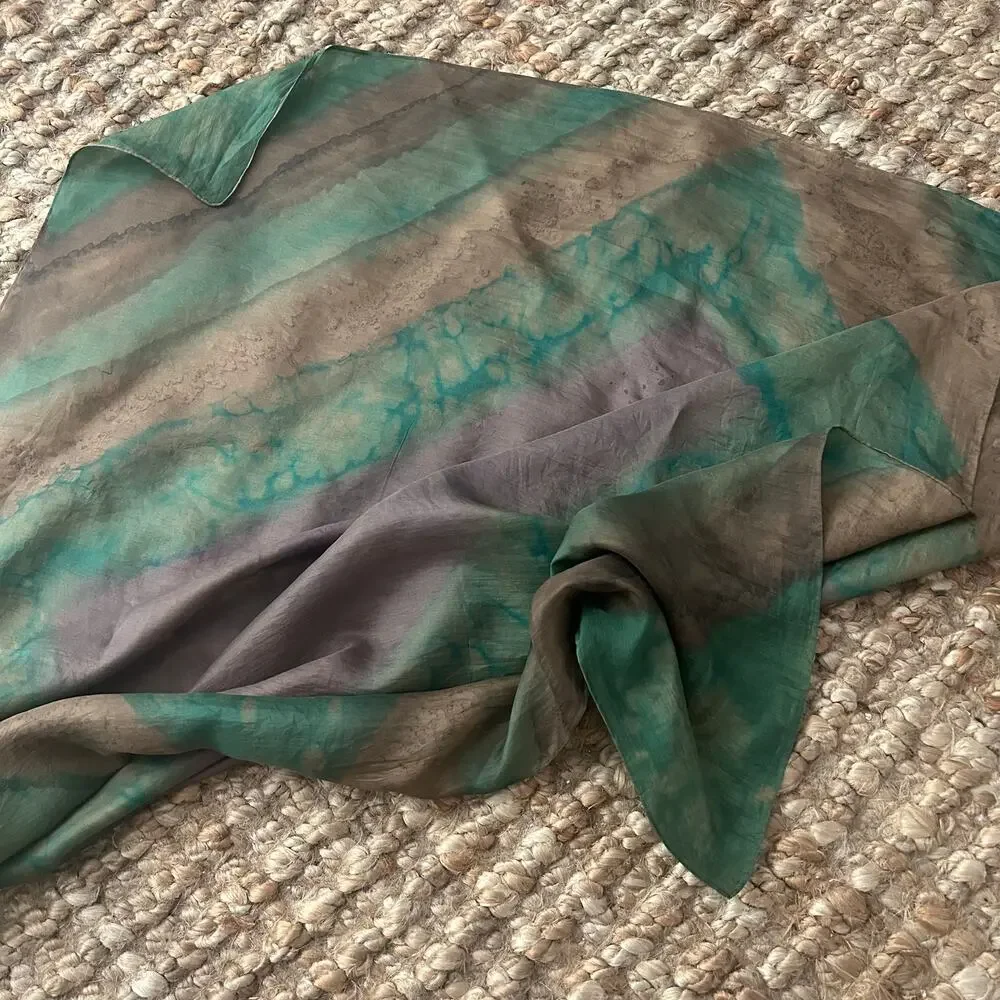 100% Silk Hand Rolled Square Scarf Green Taupe Abstract Watercolor 30x30